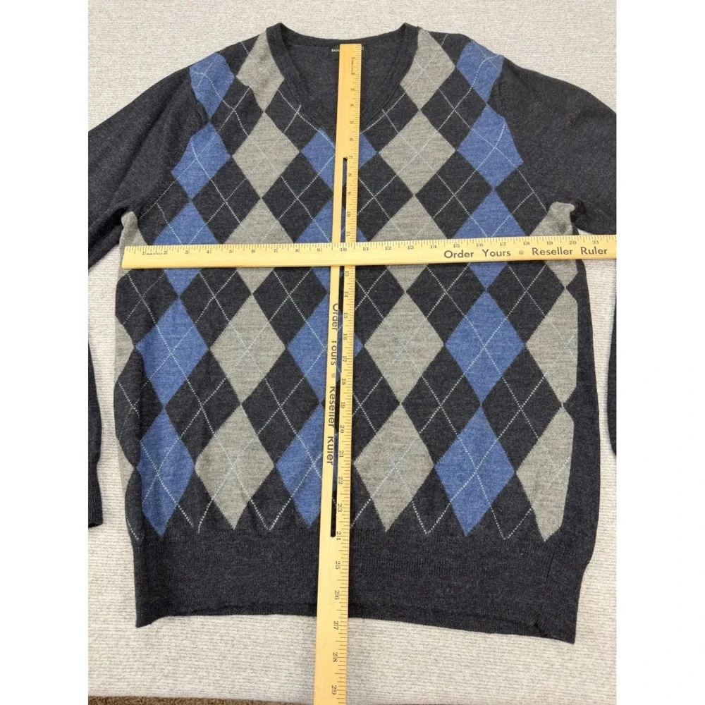 Banana‎ Republic Mens Merino Wool Argyle V-Neck Sweater Gray Blue Size M